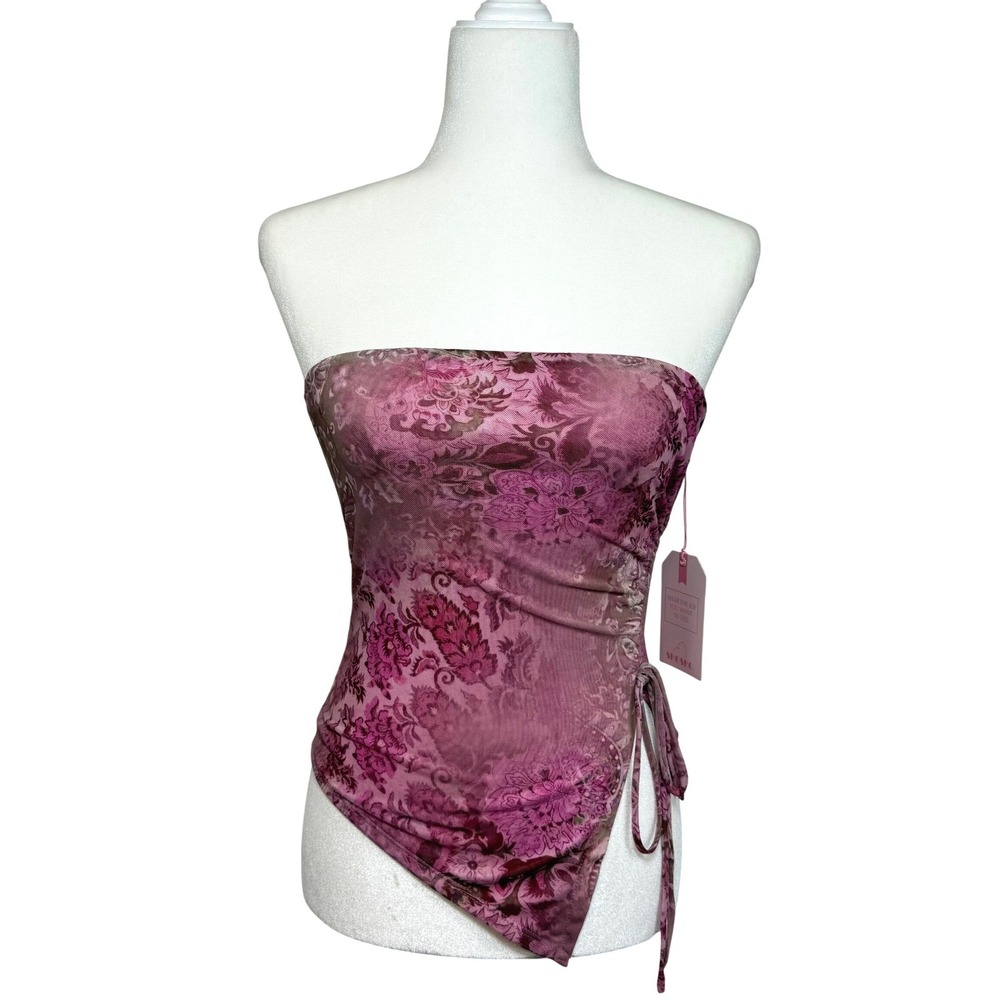 NWT Shosho Tube Top S Pink Floral Mesh Ruched Asymmetrical Y2K Fairy Grunge